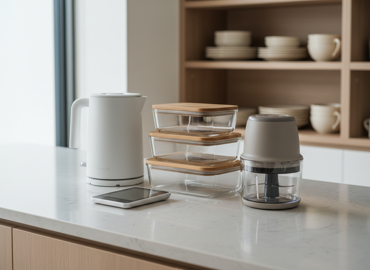 A sophisticated kitchen countertop vignette with a coordinated set of practical everyday tools: a matte white electric kettle, a set of stackable glass food containers with bamboo lids, a slim digital scale, and a compact multifunctional chopper in soft warm gray. The counter is light quartz, with a subtle veining that reflects soft, diffused daylight from a nearby window. In the blurred background, minimalist open shelving holds neatly arranged neutral dishes. Photographic realism with a three-quarter angle and shallow depth of field, emphasizing textures of glass, metal, and wood. The overall mood is clean, modern, and organized, ideal for showcasing curated kitchen essentials.