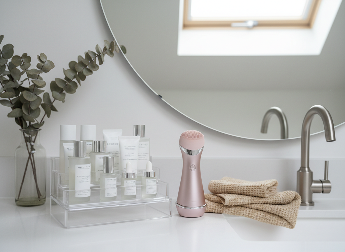 An elegant bathroom vanity scene highlighting beauty and self-care finds: a clear acrylic organizer holding neatly arranged skincare bottles in frosted glass, a beautifully designed electric facial cleansing device in muted rose, and a soft folded waffle-texture towel in sand color. The vanity is matte white with a brushed nickel faucet, reflected subtly in a frameless mirror that shows a blurred hint of dried eucalyptus in the background. Cool, diffused daylight from above creates a fresh, spa-like glow with gentle reflections on glass. Photographic realism, shot from a slightly elevated angle, with a serene, sophisticated mood that emphasizes practical yet luxurious everyday beauty products.