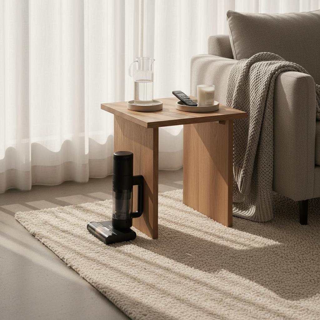 A minimalist living room corner featuring a low-profile oak side table styled with refined everyday home essentials: a ribbed glass carafe of water, a small ceramic tray holding a compact remote organizer, a neutral-scent candle in frosted glass, and a discreet cordless handheld vacuum leaning neatly beside the table. A plush cream rug and an elegantly textured throw on a sofa frame the scene. Soft afternoon light filters through sheer curtains, casting subtle patterns across the floor. Photographic realism, eye-level composition following the rule of thirds, with a calm, curated atmosphere that suggests smart, stylish home finds without clutter.