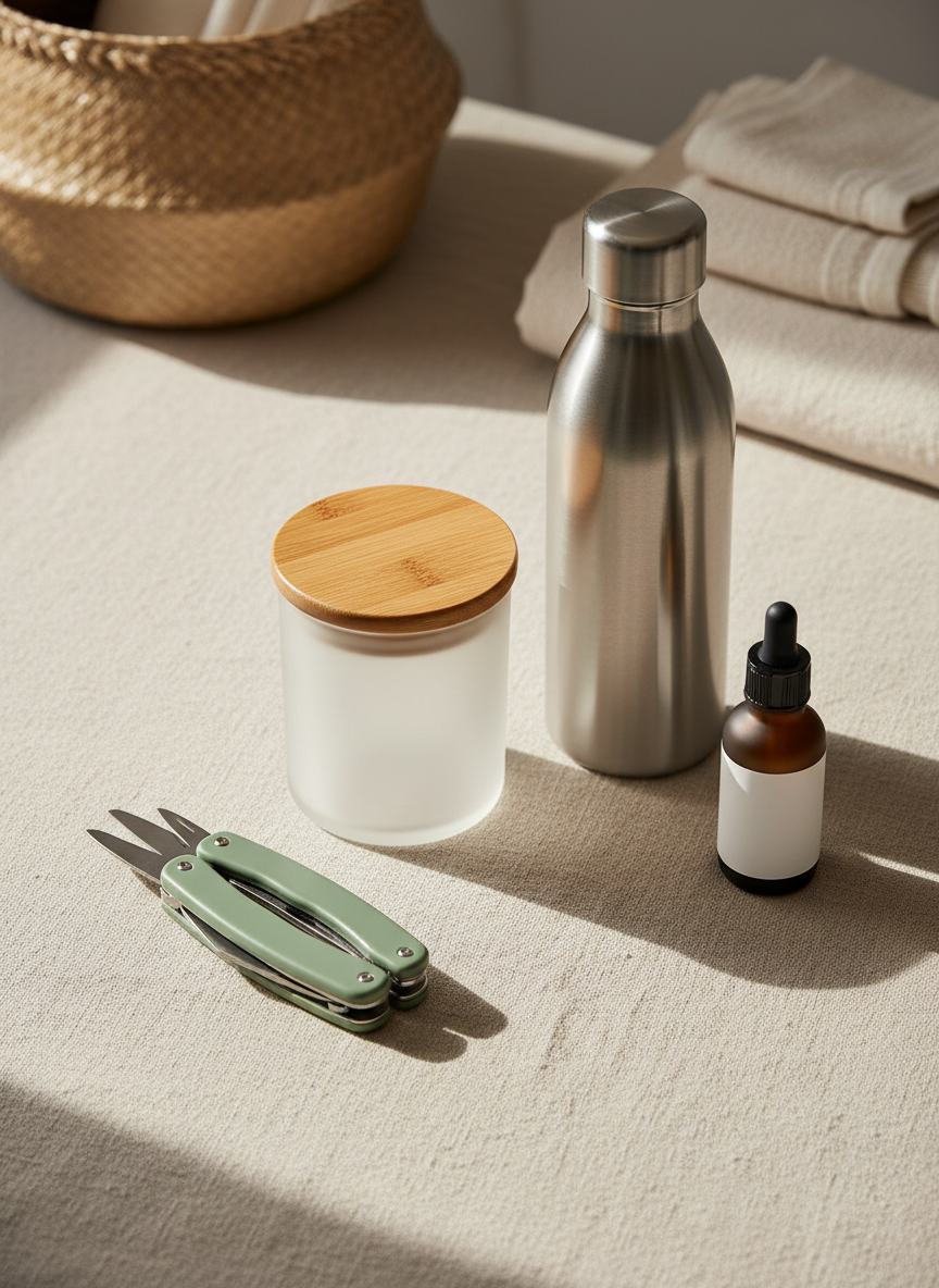 A curated flat lay of elegant everyday products arranged on a pale beige linen surface: a matte glass storage jar with bamboo lid, a sleek stainless-steel water bottle, a frosted glass skincare bottle with dropper, and a compact multipurpose kitchen tool in muted sage green. In the background, a softly blurred woven basket and folded cotton towels hint at home organization. Natural morning light from the left creates gentle highlights on metal and glass and soft, elongated shadows. Photographic realism, shot from a top-down, bird’s-eye view with shallow depth of field at the edges. The mood is sophisticated and calm, evoking a refined selection of useful daily finds for home, beauty, and lifestyle.