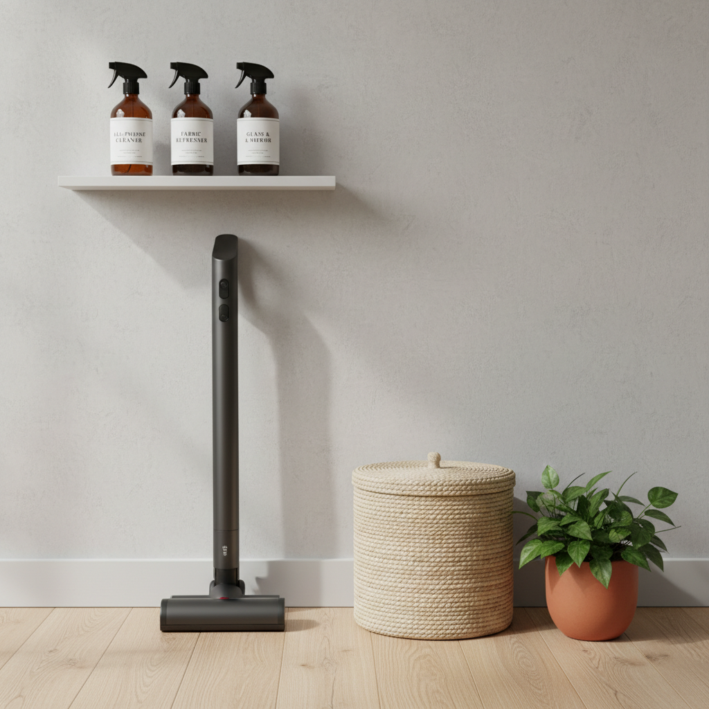 A refined laundry and cleaning corner featuring stylish yet functional products: a set of labeled amber glass spray bottles on a slim white shelf, a compact cordless stick vacuum in matte charcoal leaning against a light gray wall, and a woven lidded basket for laundry on the floor. A small potted green plant adds a fresh touch. Soft overcast light from an unseen window bathes the scene, producing delicate, shadowless illumination. Photographic realism with an eye-level, slightly wide composition, allowing space around each object. The mood is orderly and elevated, transforming routine cleaning and home care into a curated, aesthetically pleasing experience.